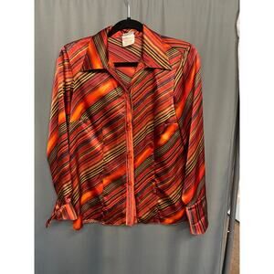 Women's Button-Up Top Medium Multicolor Striped Long Sleeve Collared Vintage B71